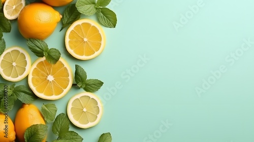 Citrus slices and mint herbs frame on retro mint pastel background with copy space from above. Top view of lemon and orange refreshment. Summer fruit smoothie minimal banner design.