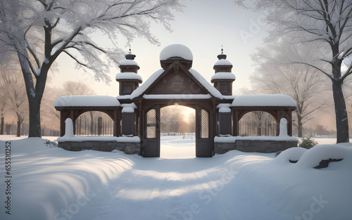gate in snowy park ai generated photo