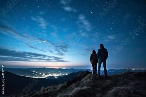 Two hikers in silhouette standing on a hill looking at the bright starry evening sky. Lovely evening night sky landscape image. Generative AI. 