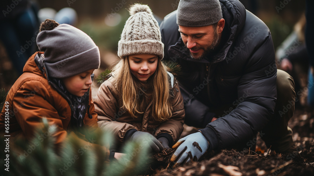 Young Father And Children Planting Christmas Trees at the Tree Farm. Generative AI.