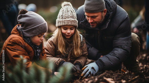 Young Father And Children Planting Christmas Trees at the Tree Farm. Generative AI.