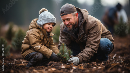 Young Father And Son Planting Christmas Trees at the Tree Farm. Generative AI.