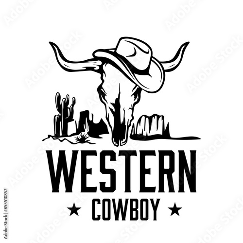 Western cowboy logo design template. Hand-drawn western silhouette vector illustration