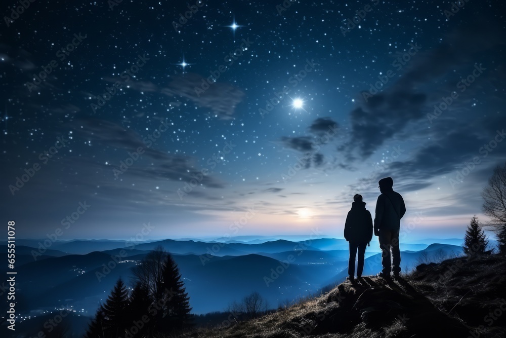 Obraz premium Two hikers in silhouette standing on a hill looking at the bright starry evening sky. Lovely evening night sky landscape image. Generative AI. 