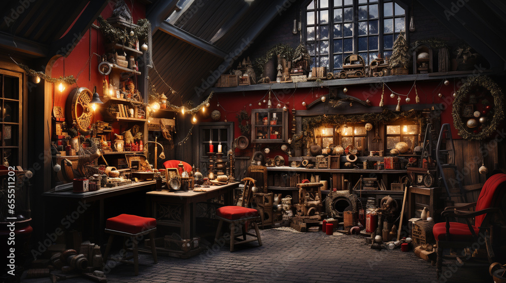 Classic Santa's Workshop Interior. Generative AI. Classic Santa's Workshop Interior. Generative AI.