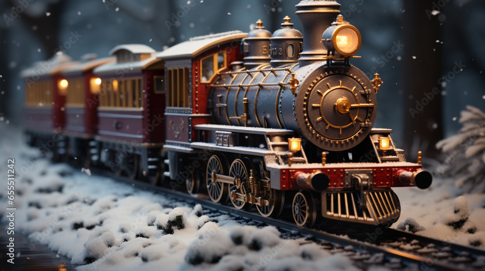 Miniature Locamotive Train Set In A Snowy Christmas Holiday Setting. Generative AI. Miniature Locamotive Train Set In A Snowy Christmas Holiday Setting. Generative AI.