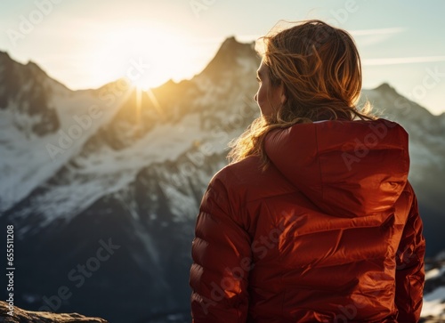 Woman hiker enjoying the view on the top of mountain