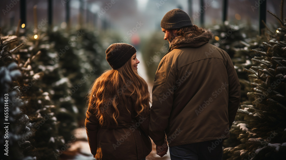 Young Romantic Couple Walking to Choose A Christmas Tree at the Farm. Generative AI.