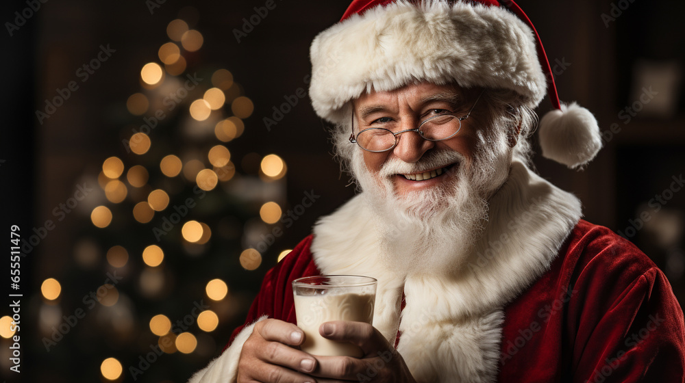 Santa Claus Enjoying His Glass of Milk Next to the Christmas Tree. Generative AI.