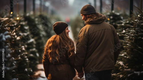 Young Romantic Couple Walking to Choose A Christmas Tree at the Farm. Generative AI.