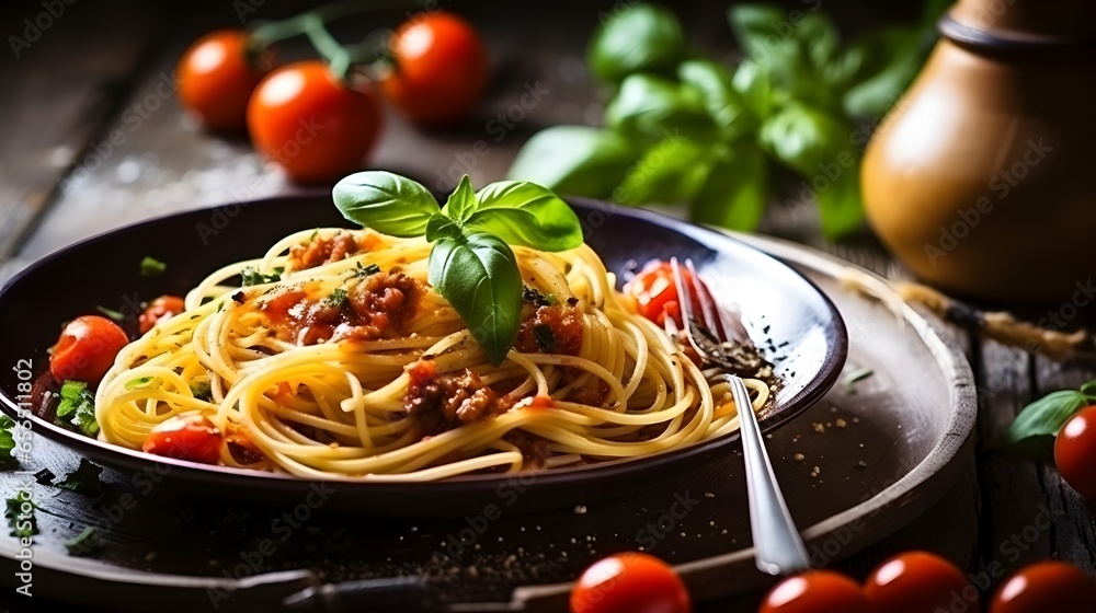 Italian spaghetti on rustic wooden table. Mediterranean cuisine with pasta ingredients- bolognese sauce, olive oil, basil and tomato. - obrazy, fototapety, plakaty 