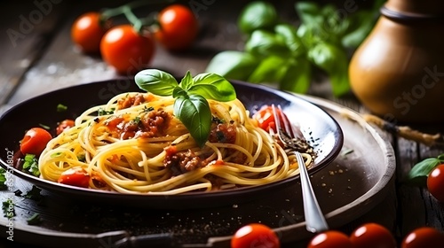 Italian spaghetti on rustic wooden table. Mediterranean cuisine with pasta ingredients- bolognese sauce, olive oil, basil and tomato. photo
