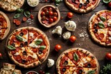 Delicious pizza with mozzarella on a chocolate wooden board on a table decorated with tomato