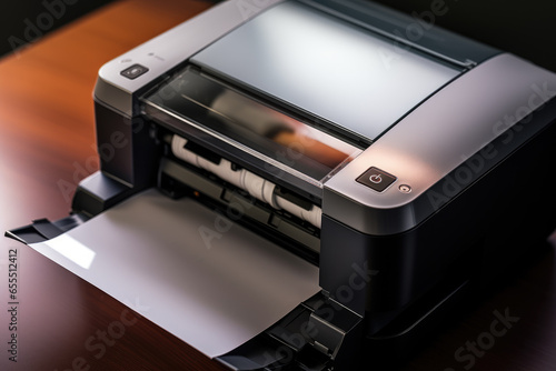 realistic close-up photo of a printer standing on dark desk