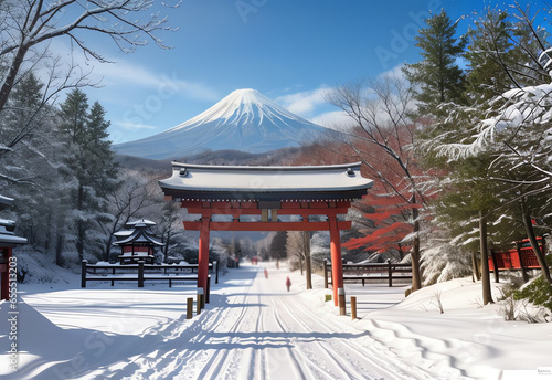 snowy japan shrine gate in winter ai generated photo