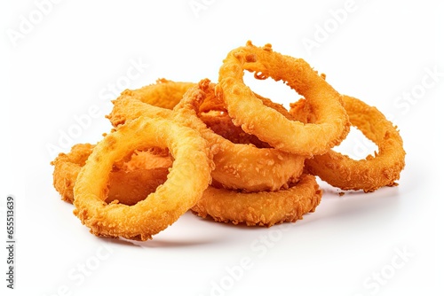 Flying Crispy Onion rings isolated on white background