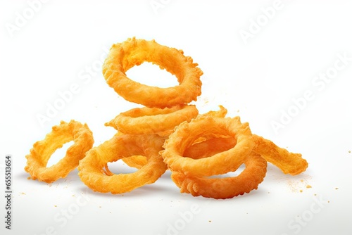 Flying Crispy Onion rings isolated on white background