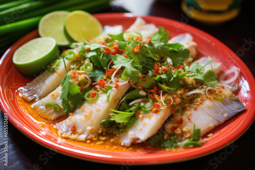 pla nueng manao  Thai food showcasing steamed fish topped with a zesty lime and chili garlic sauce