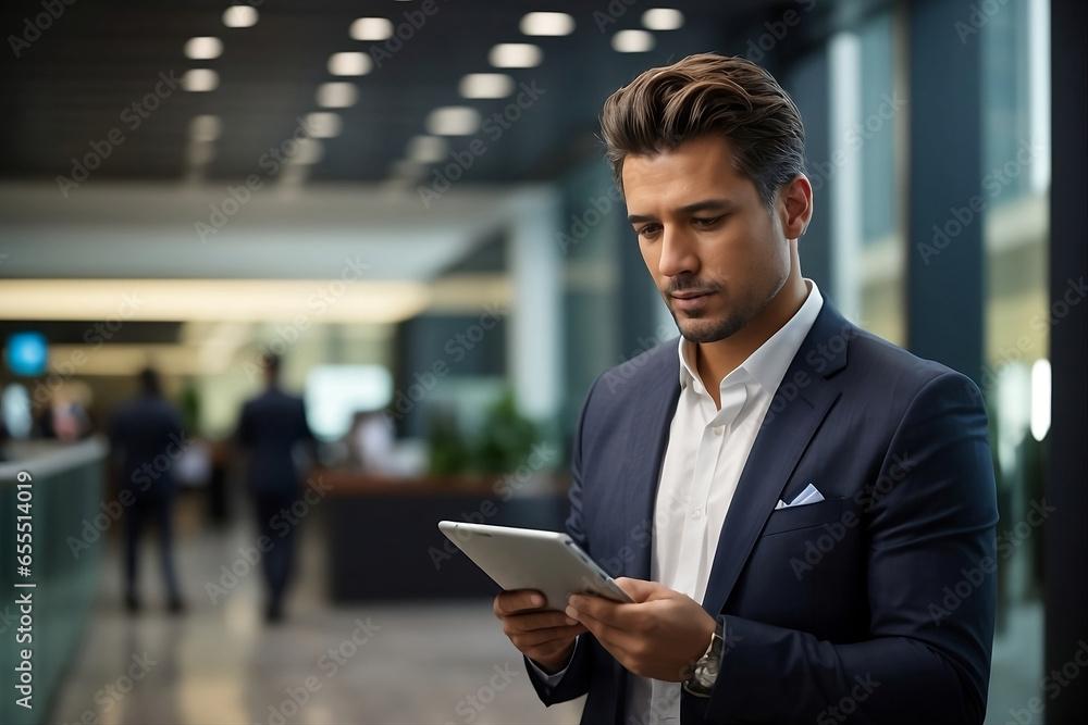 A man looks attentively at the screen of the tablet he holds in his hands A man looks attentively at the screen of the tablet he holds in his hands