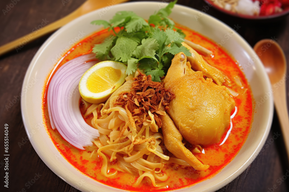 A steaming bowl of khao soi, a northern Thai curry noodle soup with a boiled chicken-drum
