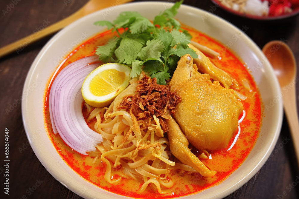 A steaming bowl of khao soi, a northern Thai curry noodle soup with a boiled chicken-drum A steaming bowl of khao soi, a northern Thai curry noodle soup with a boiled chicken-drum