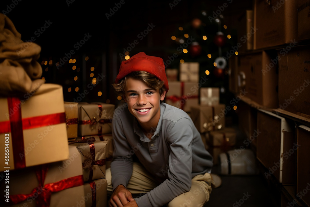 a boy in a red hat and a grey sweater sitting in front of a pile of Christmas gifts