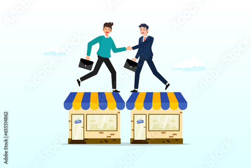 Businessman owner handshake on enterprise shop for B2B agreement, B2B, business to business sale agreement, enterprise commerce, contractor or supplier trade between company (Vector)
