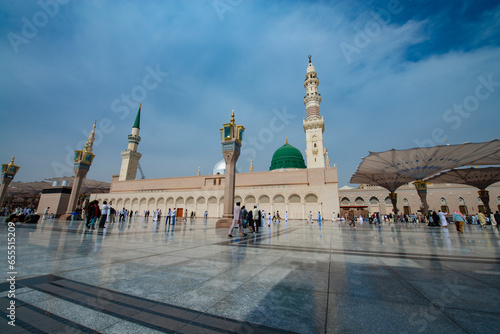The famous green and silver domes of the Prophet's Mosque (Masjid Nabawi). The mosque was founded by Prophet Muhammad (PBUH)