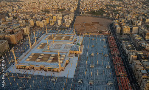 Aerial shot of the Masjid Nabawi in Madinah, Saudi Arabia. The Nabawi mosque is the second holiest mosque in Islam. photo