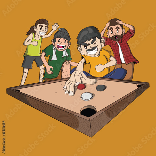 Cartoon illustration of 4 man playing Caroom Board Game. caroom illustration, Outline sketch drawing of caroom board player, line art sketch illustration of striker of caroom board. Pro Vector