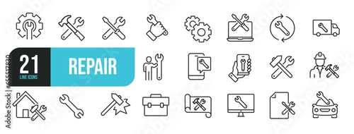 Set of line icons related to repair, screwdriver, engineer, support, setup. Outline icons collection. Editable stroke. Vector illustration.