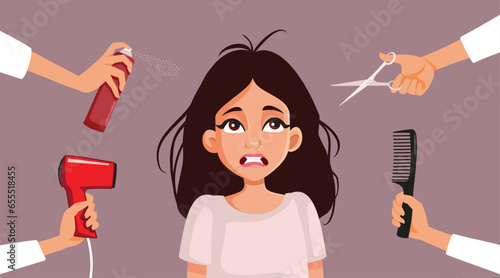 Funny Woman with Frizzy Hair having her Team of Stylists Vector Cartoon. Stressed girl having a bad hair day going to the salon
