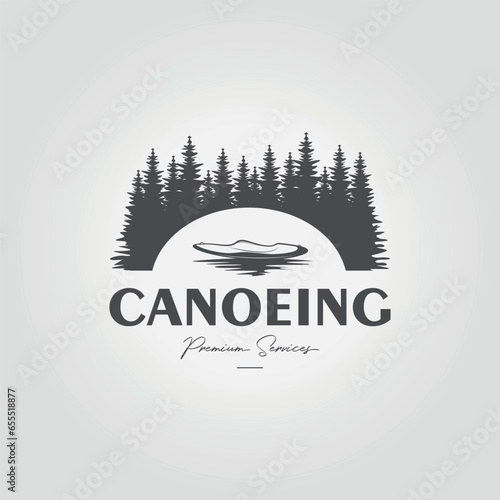 canoe in lake forest logo design, simple kayak adventurer illustration vector