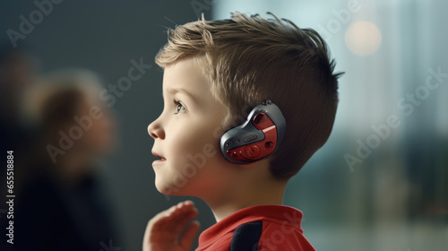 A child with autism using an assistive communication device with pre-programmed phrases to interact with others photo