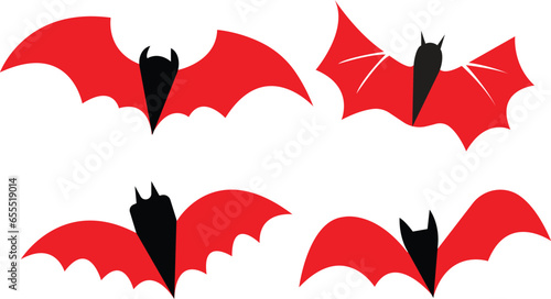 Bat horror icons set. Sticker with red mouse for Halloween decorations. Simple icons with animal from different sides flies, hangs, sleep. Flying fox night creatures isolated on transparent background