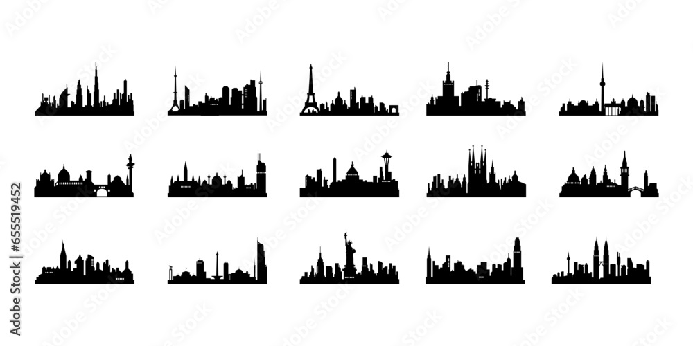 Set of Collection Cityscape Silhouette Element Vector - obrazy, fototapety, plakaty 