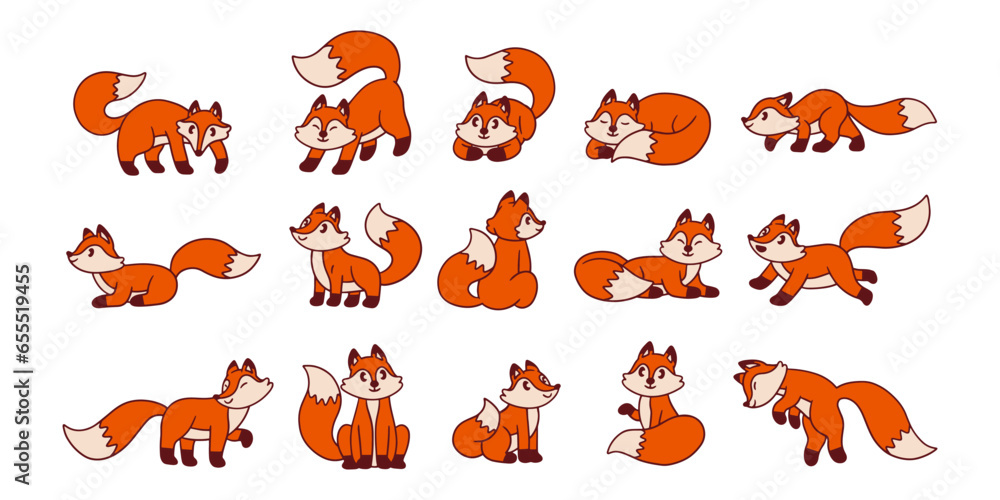 Obraz premium Set of Collection Cartoon Red Foxes Element Vector