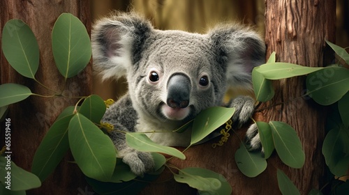 An adorable koala nestled among the eucalyptus leaves, with textured branches in the background, providing room for text integration. AI generated