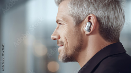A person with a hearing impairment wearing sleek and discreet hearing aids,  enhancing their ability to communicate and hear the world around them photo