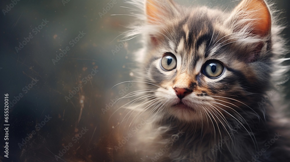 A close-up of a cute kitten's face with space for text, showcasing its whiskers and expressive eyes, against a textured background that complements its fur, with space for text. AI generated