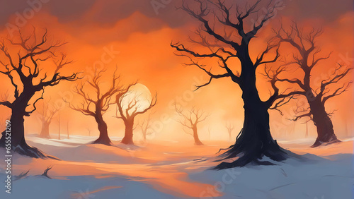 Landscape with dead trees in a desert with snow.