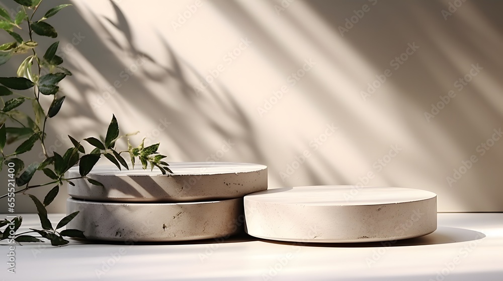 Luxury marble table with plant shadow on white wall and stone podium for product placement display. Trendy neutral aesthetic mockup template for beauty and cosmetics scene.