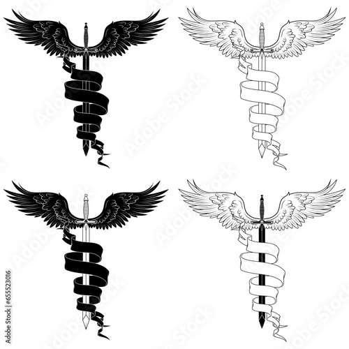 European medieval sword vector design, winged sword surrounded by heraldic ribbon