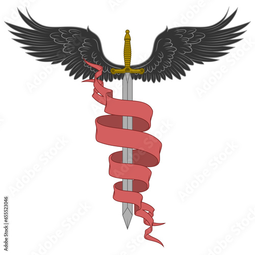 European medieval sword vector design, winged sword surrounded by heraldic ribbon