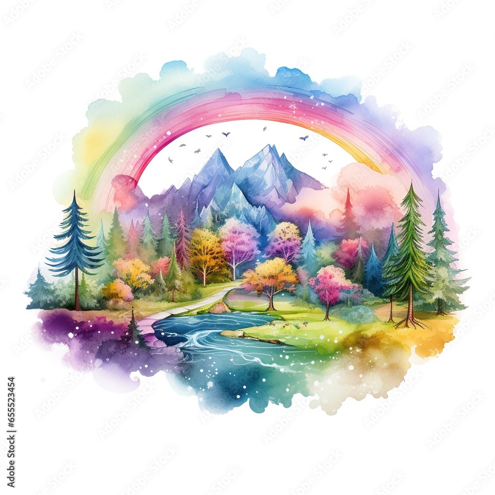 Bright watercolor landscape, rainbow nature illustration, forest, mountains, trees