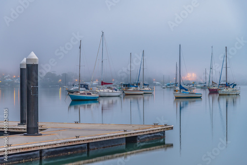 Fog, sunrise and boats on the bay photo