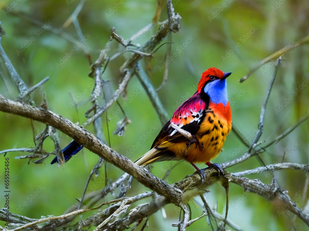 Naklejka premium A colorful bird sits on a branch in the forest 