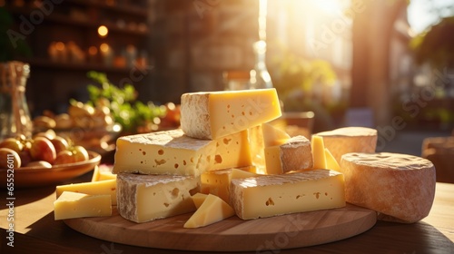 Cheese collection, French emmental or emmentaler cheese served on wooden board in restaurant