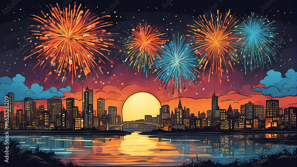 Obraz premium Fireworks over the river passing through a city.