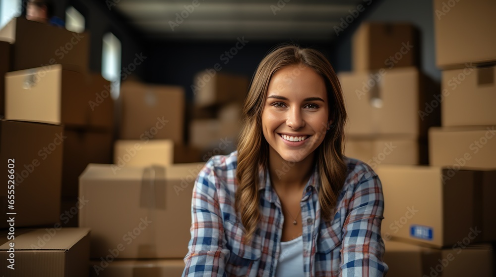 Happy woman in a plaid shirt moving into new home with cardboard boxes Happy woman in a plaid shirt moving into new home with cardboard boxes